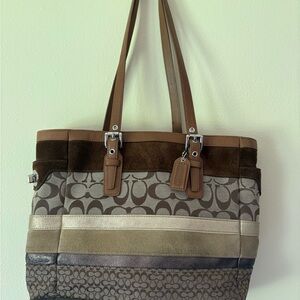 Coach Signature Stripe Mixed Media Medium Tote F11529 Shoulder Handbag Purse